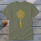 Olive green t-shirt with a vertical yellow floral design and the word "holler".
