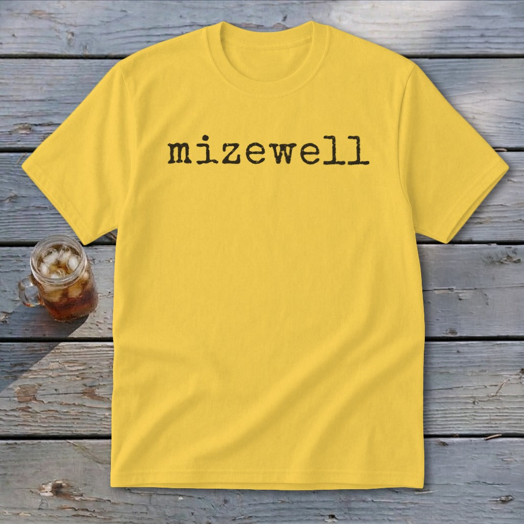 Yellow t-shirt with "mizewell" printed in black on the front.