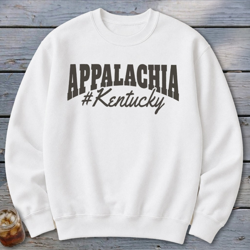White sweatshirt with "APPALACHIA #Kentucky" text graphic.