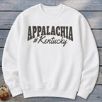 White sweatshirt with "APPALACHIA #Kentucky" text graphic.