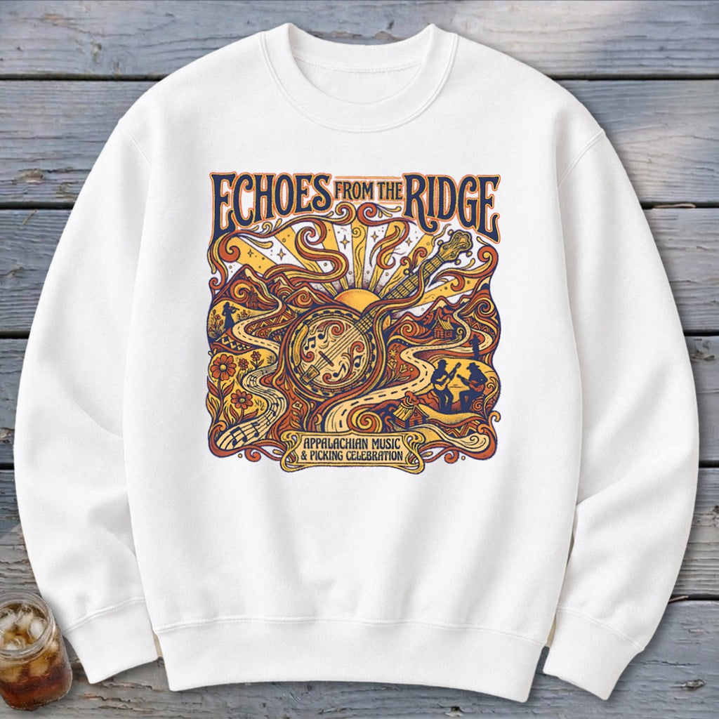 White sweatshirt with "Echoes from the Ridge Appalachian Music & Picking Celebration" graphic.