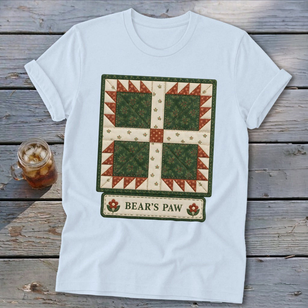 White t-shirt with a quilt square design and "Bear's Paw" text.