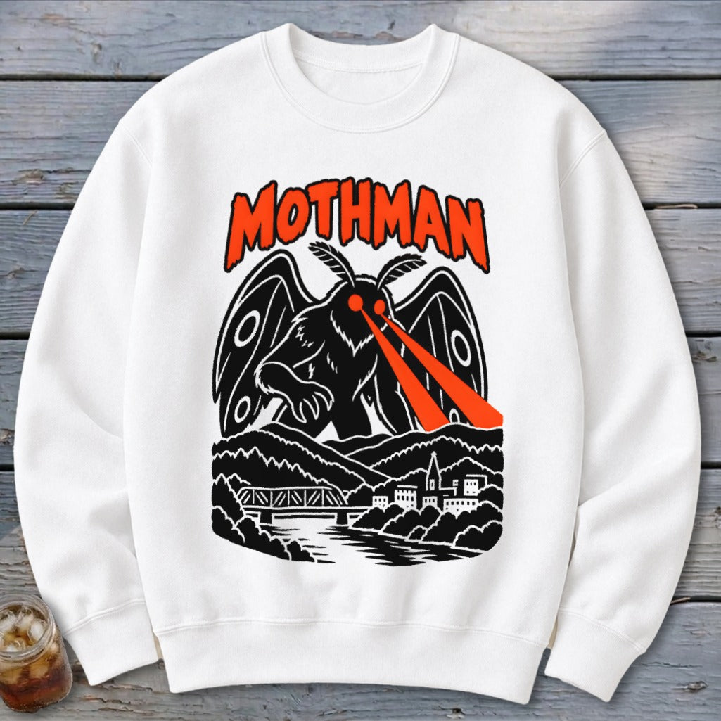 White sweatshirt with black Mothman graphic and orange "MOTHMAN" text.