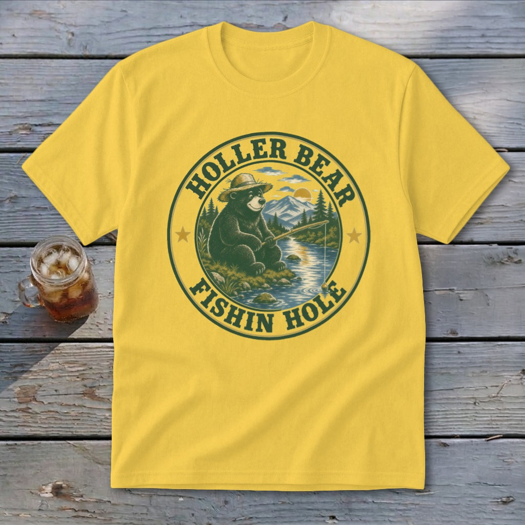 Yellow t-shirt with "Holler Bear Fishin Hole" text and bear fishing illustration.