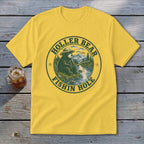 Yellow t-shirt with "Holler Bear Fishin Hole" text and bear fishing illustration.