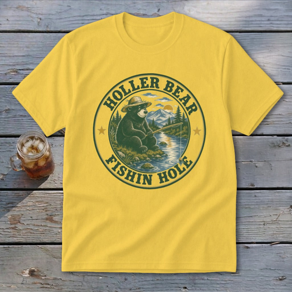 Yellow t-shirt with "Holler Bear Fishin Hole" text and bear fishing illustration.