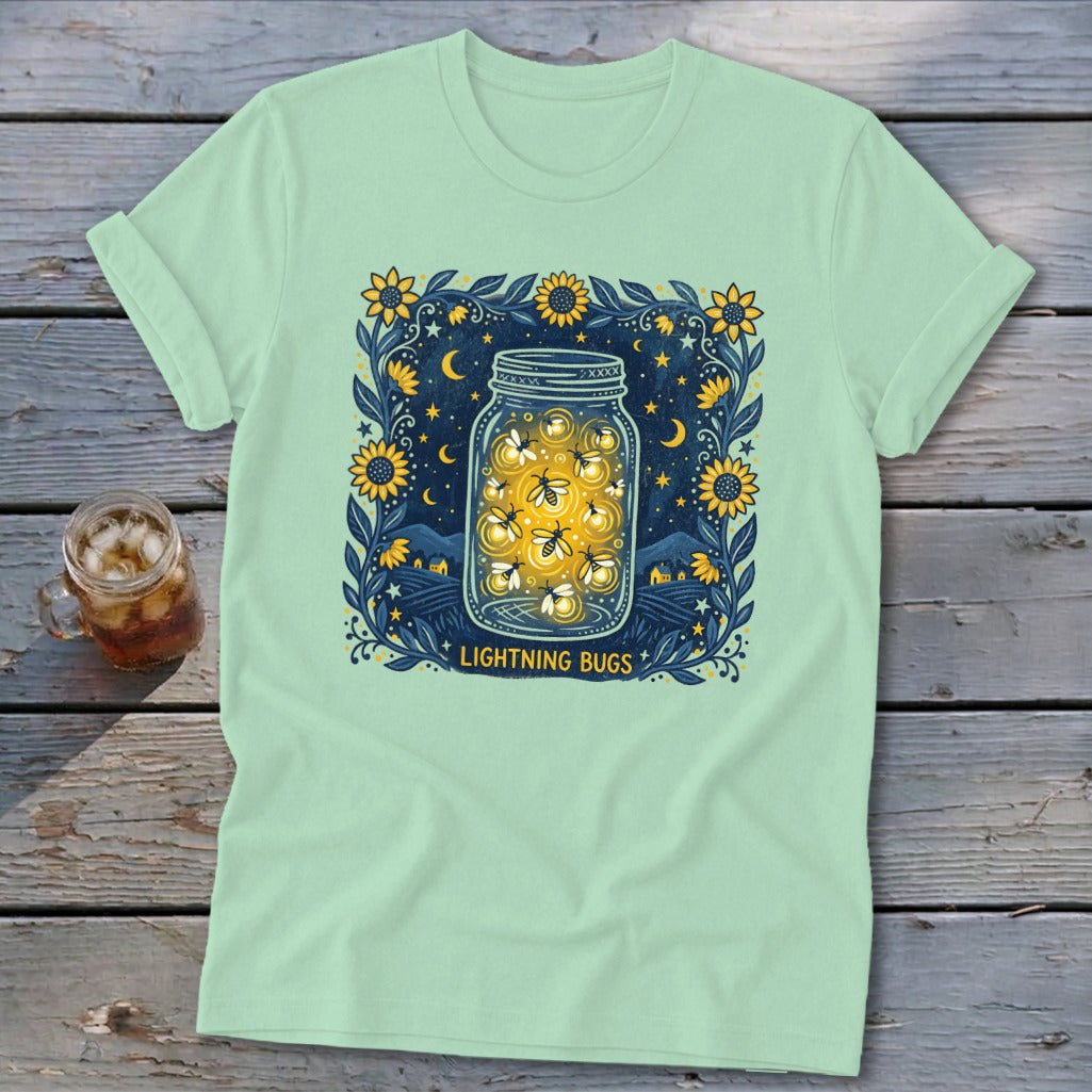 Light green t-shirt with a jar full of lightning bugs and the words "LIGHTNING BUGS".