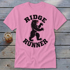 Pink t-shirt with black distressed bear graphic and text "RIDGE RUNNER".
