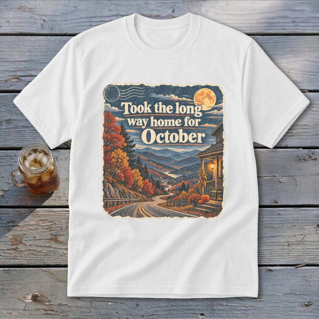 White t-shirt with vintage autumn landscape print and "Took the long way home for October" text.
