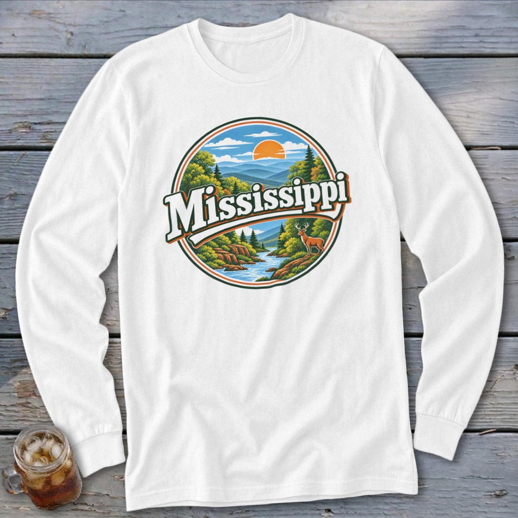 White long-sleeve shirt with circular "Mississippi" graphic of mountains, river, and deer.