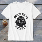 White t-shirt with "Holler Hound Society" text and a dog graphic.
