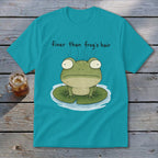 A teal t-shirt featuring a cartoon frog on a lily pad with the text finer than frog's hair.