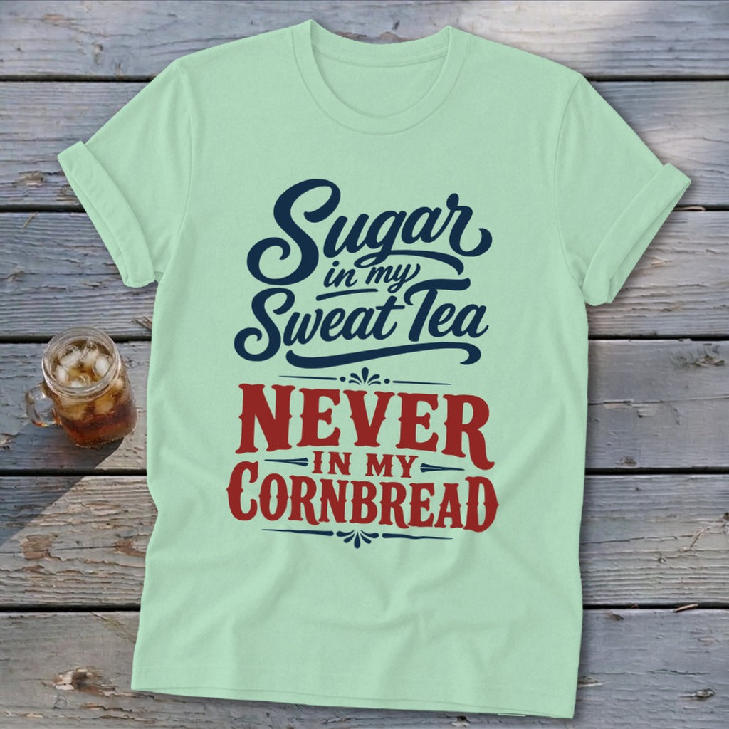 A light green t-shirt with rolled sleeves features blue and red text reading Sugar in my Sweat Tea Never in my Cornbread, laid flat on a rustic wooden background next to a glass of iced tea.