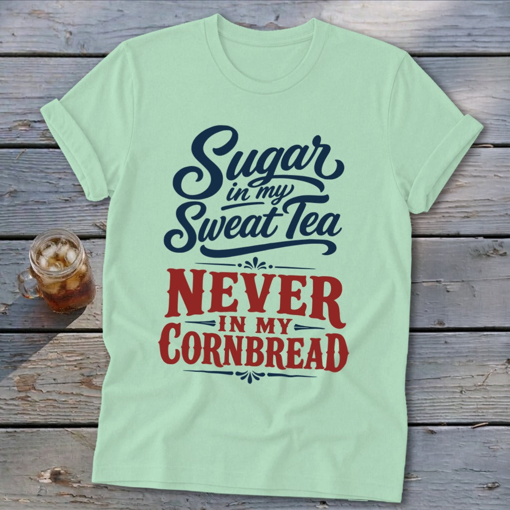 A light green t-shirt with rolled sleeves features blue and red text reading Sugar in my Sweat Tea Never in my Cornbread, laid flat on a rustic wooden background next to a glass of iced tea.