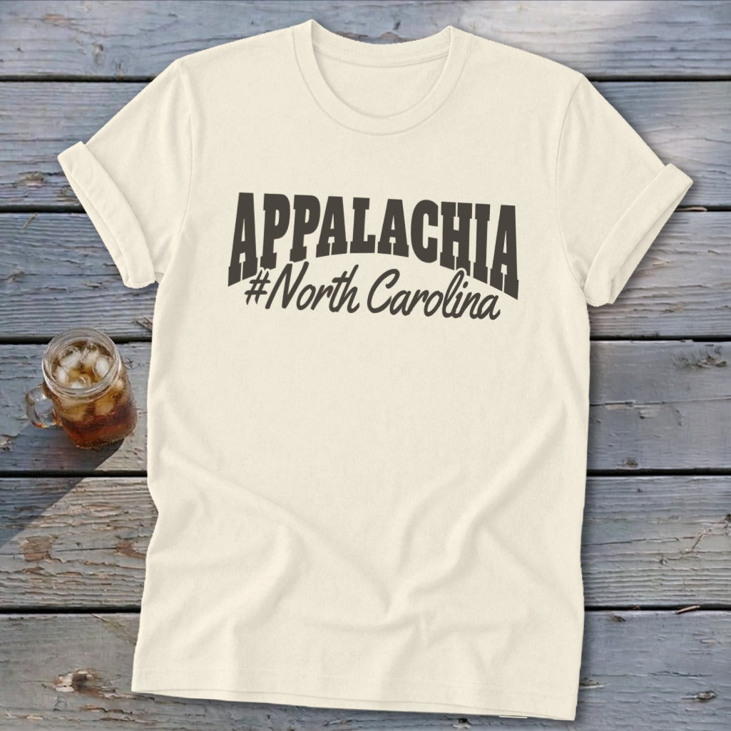 Cream t-shirt with "APPALACHIA #North Carolina" graphic and a glass of iced tea.