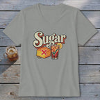 A gray V-neck t-shirt featuring graphic text that reads Sugar above illustrations of cornbread with a red X and iced tea with a green checkmark.