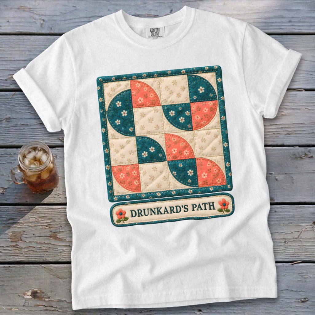 White t-shirt with a quilt-style graphic and "Drunkard's Path" text.