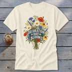 Cream t-shirt with "Decoration Day Blooms" text over a floral bouquet.