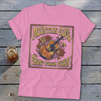 Pink t-shirt with "Mountain Soul And Front Porch Pickin'" text and acoustic guitar graphic.