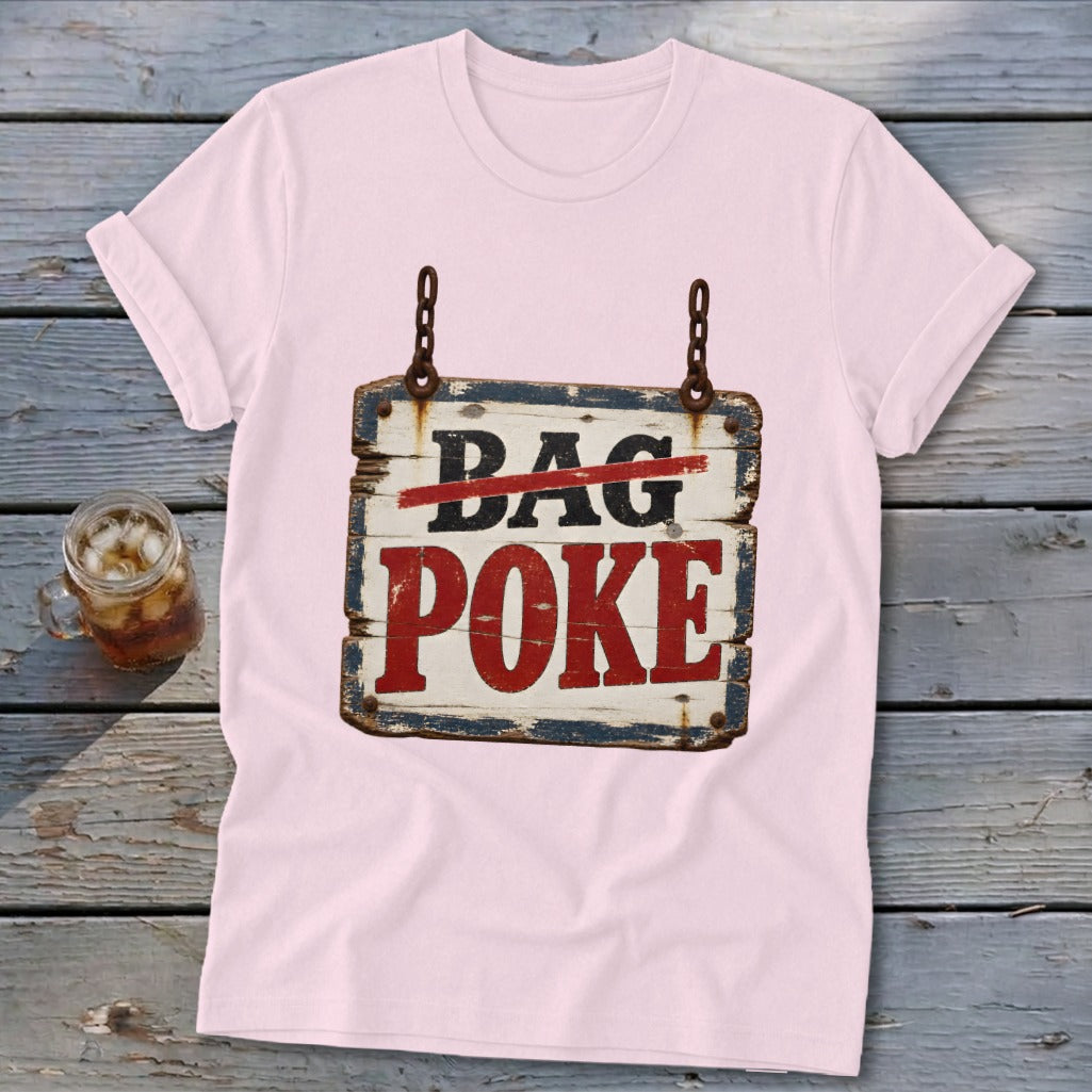 Light pink t-shirt featuring a rustic wooden sign graphic that reads BAG POKE on a wooden background.