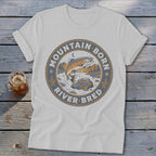 White t-shirt with "Mountain Born River Bred" circular graphic featuring a jumping fish.