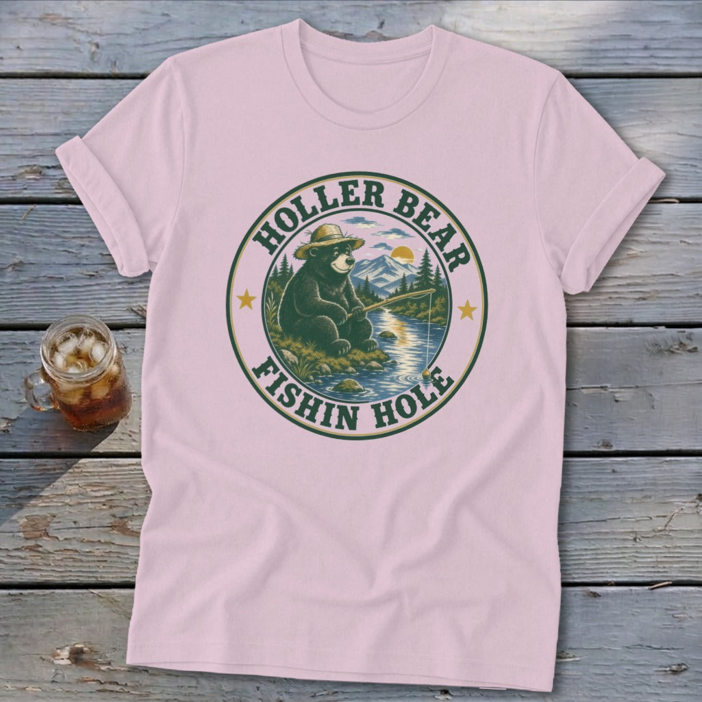 Pink t-shirt with a circular graphic of a bear fishing and text reading "Holler Bear Fishin Hole".