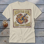 Cream t-shirt with "Mountain Soul and Front Porch Pickin'" graphic featuring an acoustic guitar.