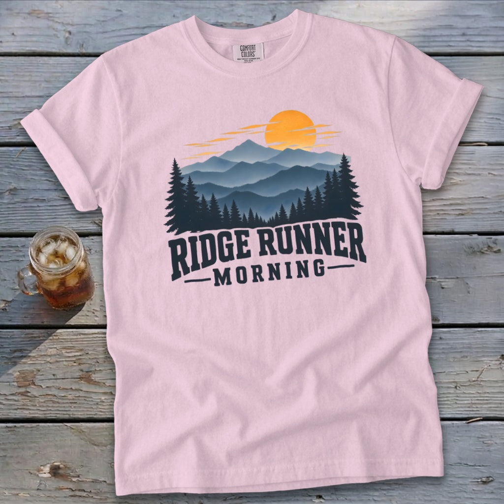 Pink t-shirt with "Ridge Runner Morning" graphic, mountains, trees, and sun.