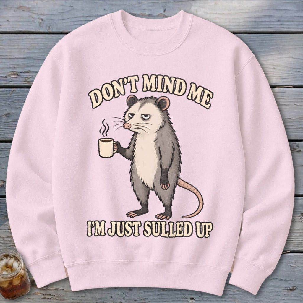 Pink sweatshirt with opossum holding coffee, text reads "Don't mind me I'm just sulled up."