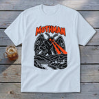 White t-shirt featuring a black Mothman graphic with orange eyes and text.