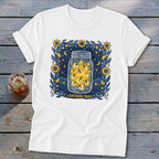 White t-shirt with a jar of lightning bugs design and the text "LIGHTNING BUGS".