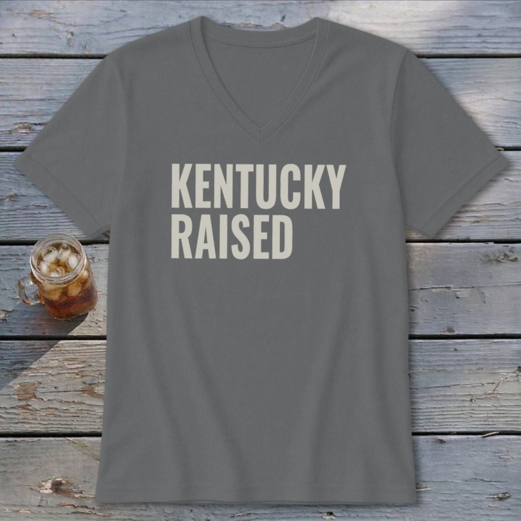 Gray V-neck t-shirt with "KENTUCKY RAISED" text and a glass of iced tea.