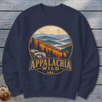 Navy sweatshirt with circular Appalachian mountain landscape and "APPALACHIA WILD" text.
