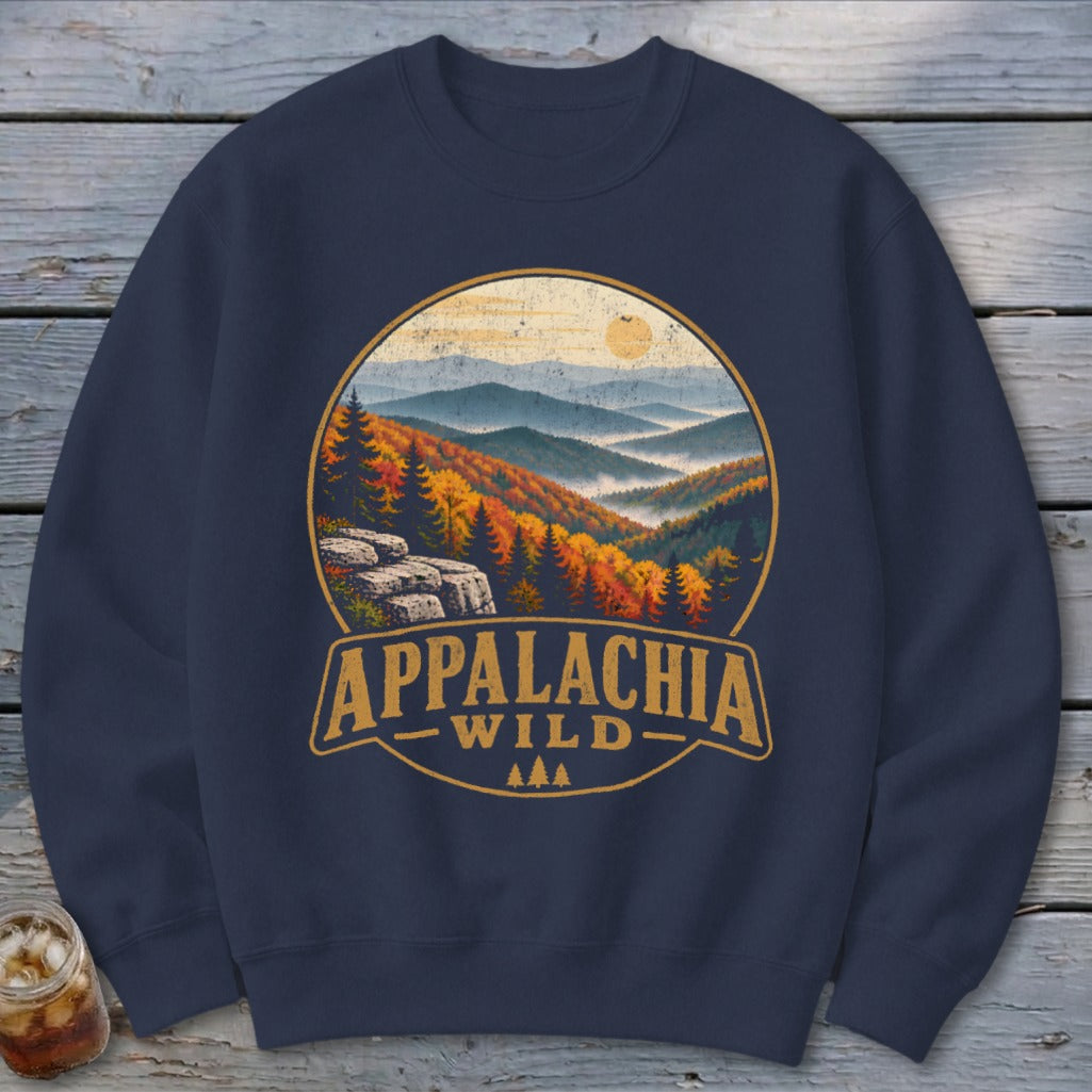 Navy sweatshirt with circular Appalachian mountain landscape and "APPALACHIA WILD" text.