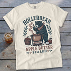 Cream t-shirt with black bear stirring pot, "Hollerbear Apple Butter Season" text