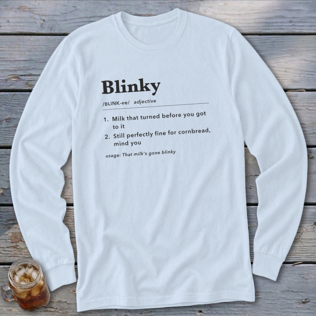 White long-sleeved shirt with definition of "Blinky" printed on the front.