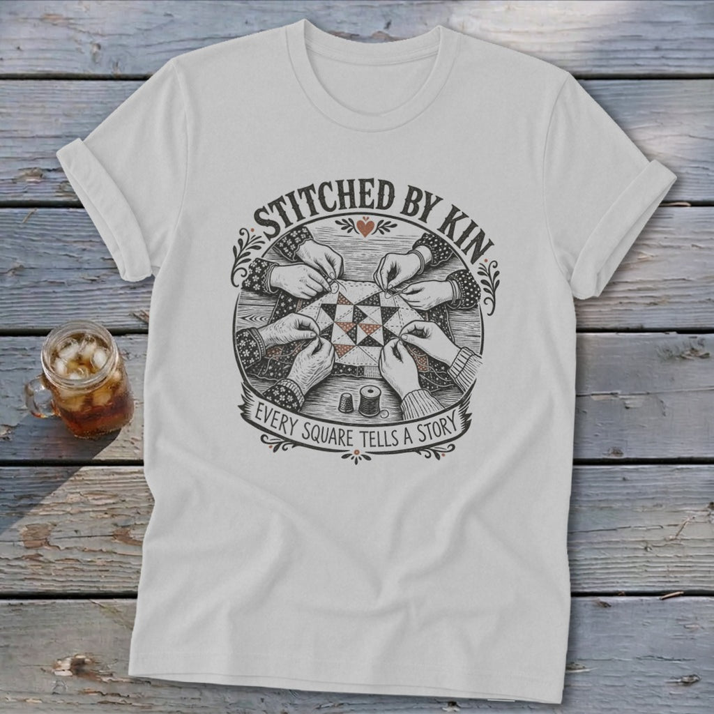 White t-shirt with "Stitched by Kin Every Square Tells a Story" graphic.
