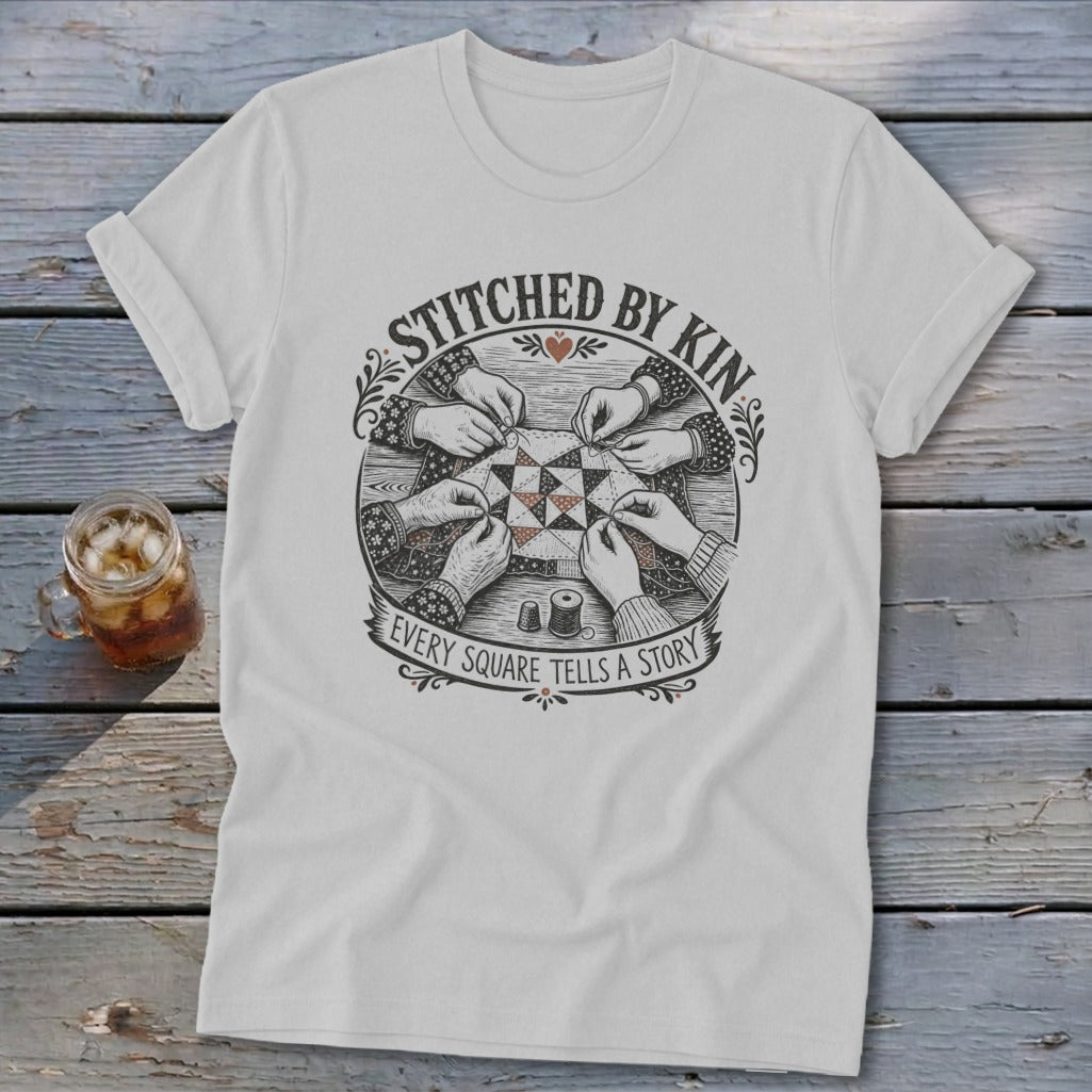 White t-shirt with "Stitched by Kin Every Square Tells a Story" graphic.