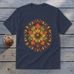 Navy t-shirt with a circular autumn leaf and acorn design