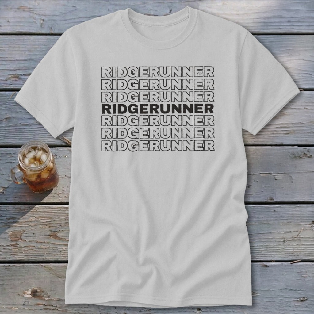 White t-shirt with repeating "RIDGERUNNER" text, with one line bolded.