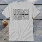 White t-shirt with repeating "RIDGERUNNER" text, with one line bolded.