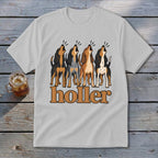 White t-shirt with four dogs howling above the word "holler".