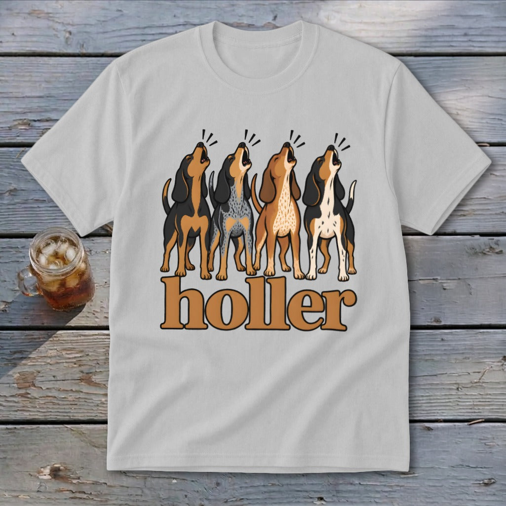 White t-shirt with four dogs howling above the word "holler".