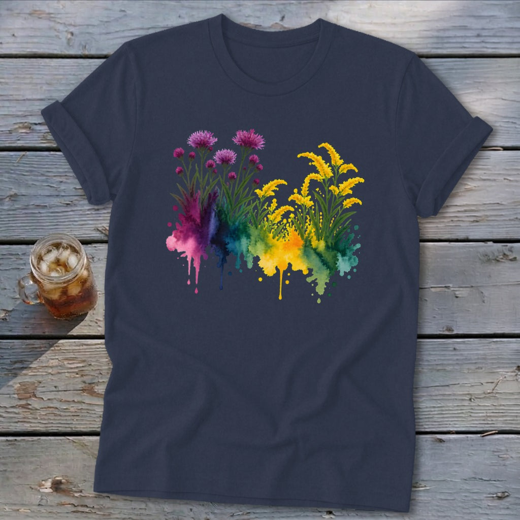Navy t-shirt with watercolor floral design of purple and yellow flowers with colorful drips.