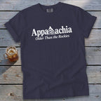 Dark blue t-shirt with white text and mountains reading "Appalachia Older Than the Rockies".