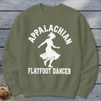 Olive green crewneck sweatshirt featuring a white graphic of a dancer with Appalachian Flatfoot Dancer text.
