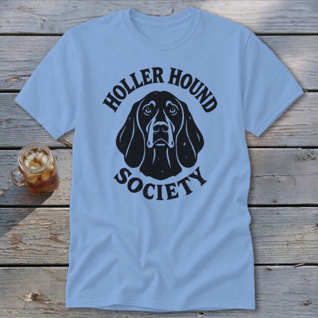Light blue t-shirt with black "Holler Hound Society" text and dog graphic.