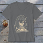 Bear wearing an apron kneading dough on a wooden board, displayed on a grey t-shirt.