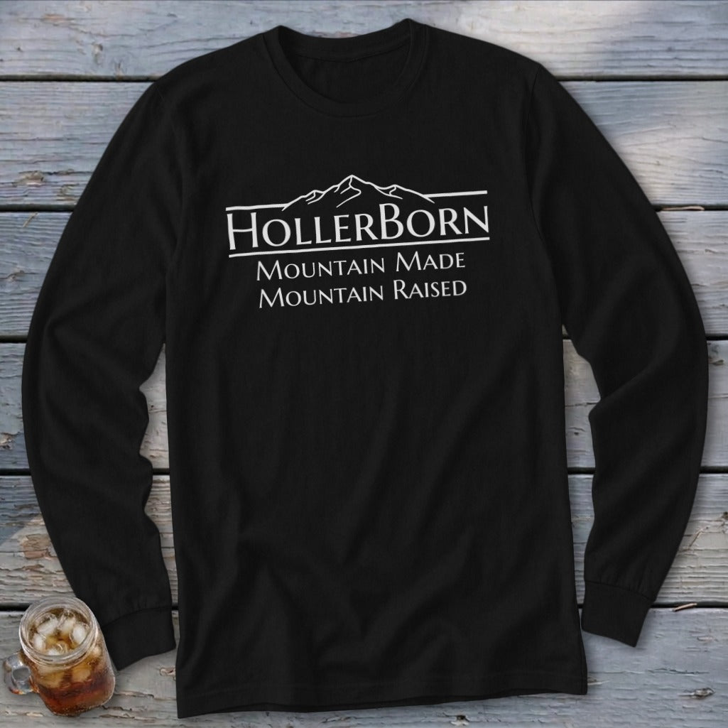 Black long-sleeve shirt with "HollerBorn Mountain Made Mountain Raised" text.