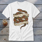 White t-shirt with coiled snake graphic and banner text: "RESPECT THE MOUNTAINS. WATCH YOUR STEP."